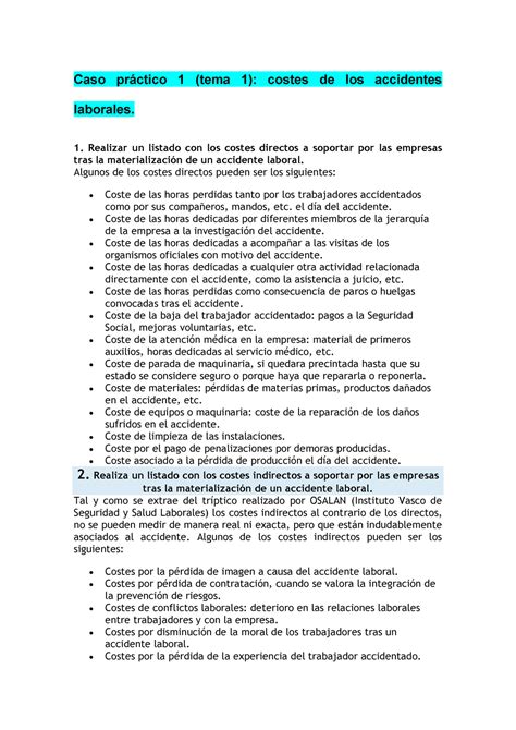 Casos Pr Cticos Caso Pr Ctico Tema Costes De Los Accidentes