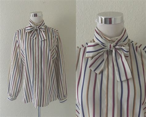 Vintage 80s Striped Pussy Bow Blouse Size 12 M L Flowy Etsy