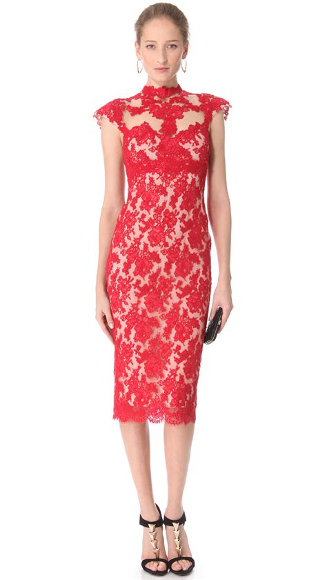 Lyst Marchesa Lace Sheath Dress In Red