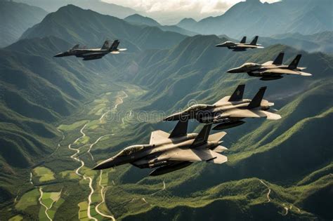 A Group Of Fighter Jets Flying Through The Sky Stock Image Image Of