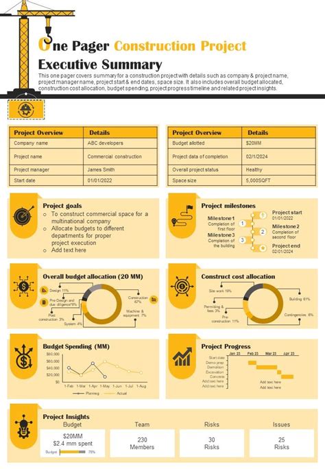 One Pager Construction Project Executive Summary Presentation Report