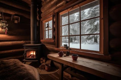 Premium AI Image Cozy Cabin In The Woods With A Warm Fire And Fresh