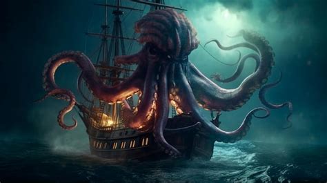 Um Monstro Polvo Kraken Gigante Atacando Um Navio Pirata No Oceano