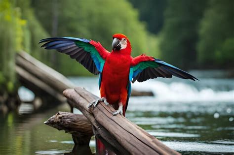 Un guacamayo rojo con alas azules se alza sobre un tronco en un río