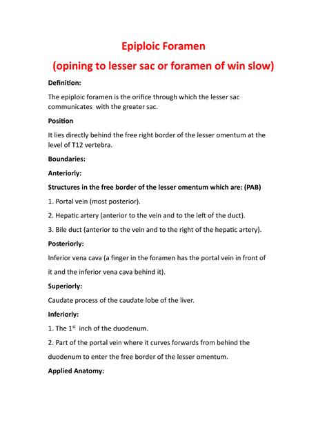 Epiploic Foramen - Epiploic Foramen (opining to lesser sac or foramen of win slow) Definition ...