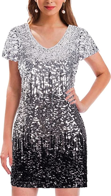 MANER V Neck Stretch Fabric Sequin Mini Dress