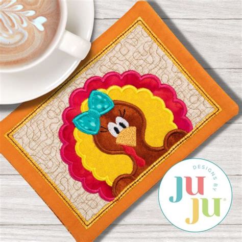 ITH Peeking Turkey Girl Mug Rug Machine Embroidery Designs By JuJu