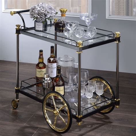 Acme Furniture 98370 Cyrus Serving Cart Black Gold Clear Glass Bar Cart Styling Bar Cart