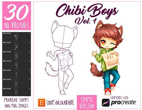 Procreate Chibi Brushes Male Body Poses Png Chibi Stamps Etsy