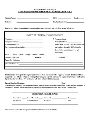 Medication Authorization Form For School Fill Online Printable