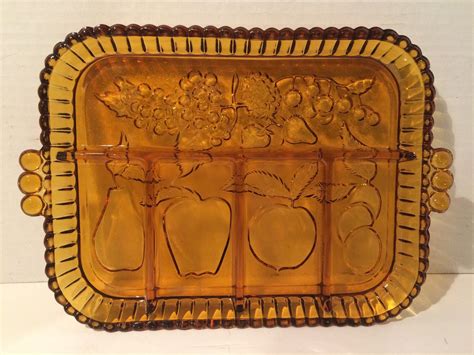 Amber Glass Tray With Handles And Fruit Pattern By Indiana Glass Co Americana Retro Amber