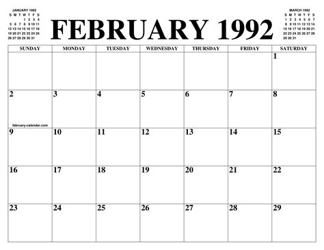 February 1992 calendar of the month: free printable february calendar of the year