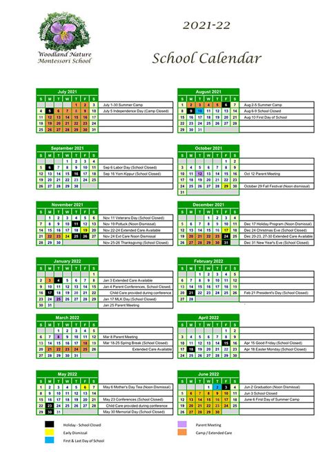 2021-2022 School Year Calendar | natureschool