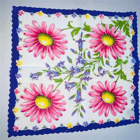 Daisy Flowers Handkerchief Hankie Scalloped Edge Pink Purple Vtg 12 X 12 Ebay