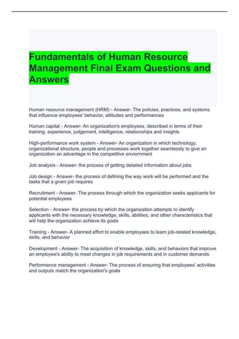 Fundamentals Of Human Resource Management Final Exam Questions And