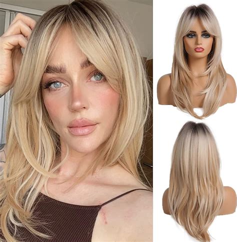 Oufei Inches Long Straight Blonde Layered Synthetic Hair Wigs For