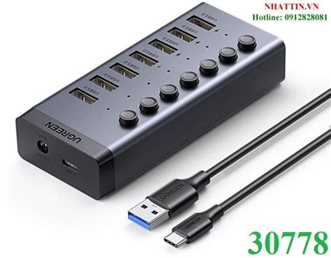 Bộ HUB chia 7 cổng USB 3 0 5Gbps vỏ nhôm công tắc Ugreen 30778 kèm