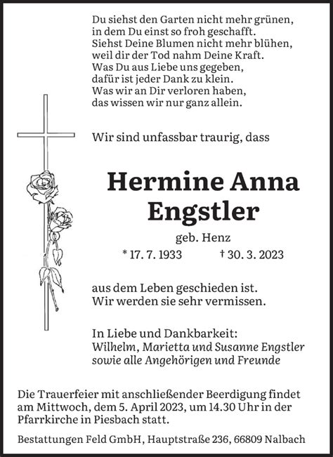 Traueranzeigen Von Hermine Anna Engstler Saarbruecker Zeitung Trauer De