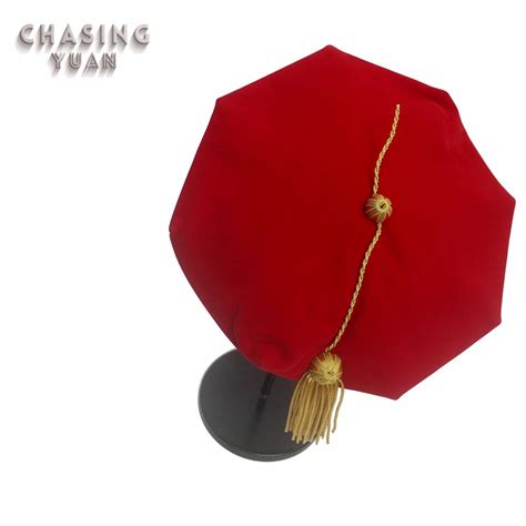 8 Sided Red Velvet Doctoral Tam With Gold Bullion Tassel Graduation Cap And Wholesale