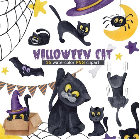 Watercolor Halloween Cat Clipart Set Cute Halloween Black Cats Hand