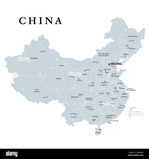 China, gray political map, with administrative divisions. PRC, People's ...