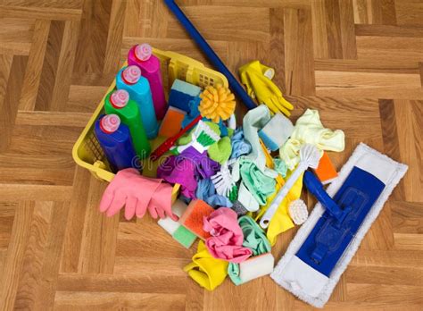 Cleaning Supplies And Equipment On Floor Stock Photo Image Of Service