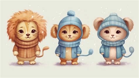 Premium AI Image | A cartoon illustration of three little animals wearing sweaters and hats.