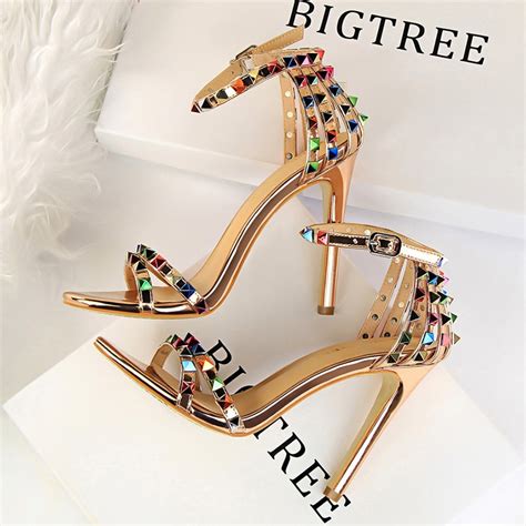 Bigtree Shoes Color Rivets Women Sandals Roman Style Heeled Sandals