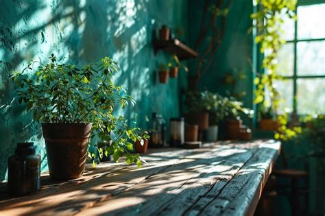 Premium Photo A Wooden Table Topped With Potted Plants