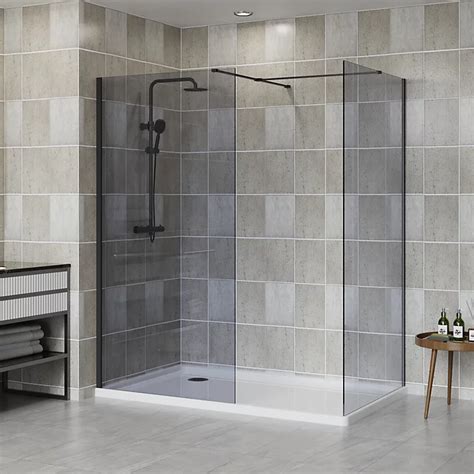 Nrg Matte Black 8mm Walk In Shower Enclosure Wet Room Grey Glass Screen