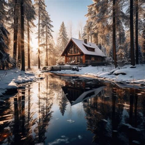 Premium Ai Image Cozy Cabin In Wild Nature Landscape Covered With