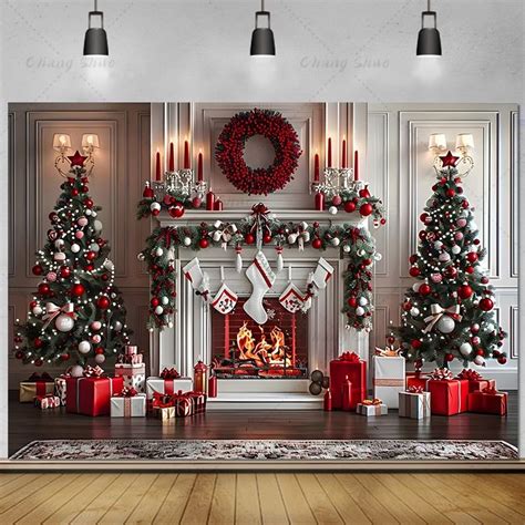 Christmas Window Backdrop For Photography Winter Snow Fireplace Xmas