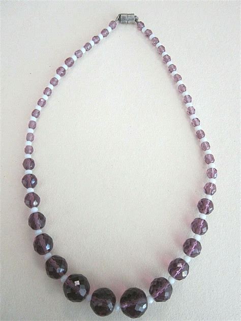 Vintage Purple Crystal Milk Glass Bead Necklace L Gem