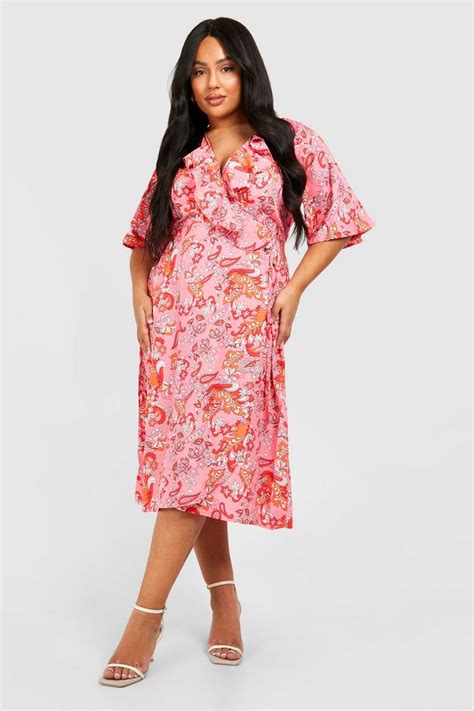 Plus Woven Floral Ruffle Wrap Midi Dress Boohoo Uk