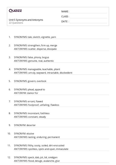 50 Synonyms And Antonyms Worksheets On Quizizz Free And Printable