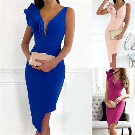 Cheap Lady Women Bodycon Dress Ruffles V Neck Elegant Sheer Mesh Solid Color Irregular Hem Dress