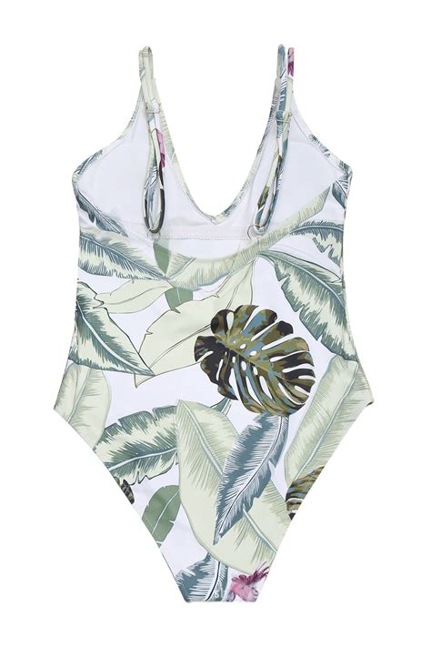 Iyasson Light Green Leaves Printing Deep V Neck One Piece Swimsuit