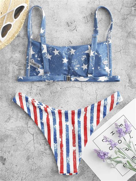 ZAFUL Distressed American Flag Ribbed Bikini Swimwear MULTI A Bikinis