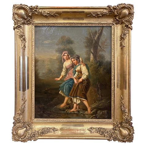 Th Century Louis Xvi Oil On Canvas Pastoral Painting In Carved Gilt