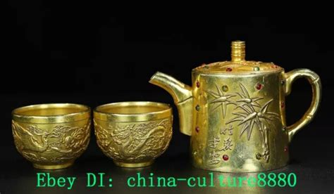 Antique Cuivre Incrust Perles Bambou Vin Th I Re Longfeng Tasse