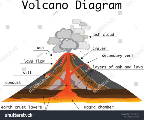 Volcano parts and eruption diagram with labels - Royalty Free Stock Vector 2122360346 - Avopix.com