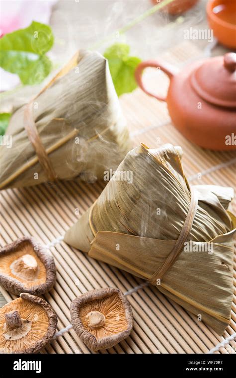 Traditional Steamed Sticky Glutinous Rice Dumplings Hot Rice Dumpling Or Zongzi Chinese