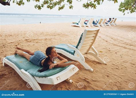 Lifestyle Woman Beach Resort Lying Sunbed Caucasian Sand Ocean Smiling