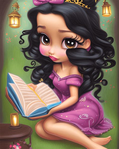 Latina Disney Prinzessin Mit Schwarzen Gewellten Haaren Liest Ein Buch