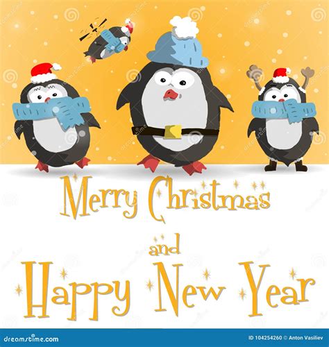 New Year Penguins Orange Greeting Card Vector Stock Vector