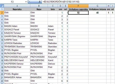 excel formuła która zlicza unikatowe imiona i nazwiska