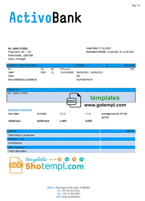 Portugal Activobank S A Bank Statement In Word And PDF Format