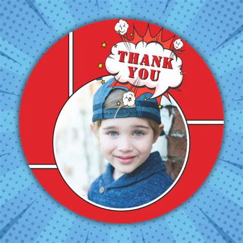 Superhero Comic Boy Birthday Photo Thank You Classic Round Sticker Zazzle