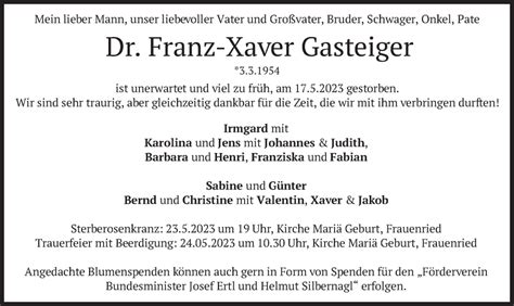 Traueranzeigen Von Franz Xaver Gasteiger Trauer Merkur De