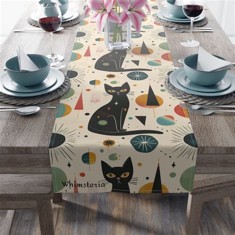 Atomic Cat Table Runner Retro Table Runner Atomic Cat Kitchen Decor Cute Mcm Table Runner